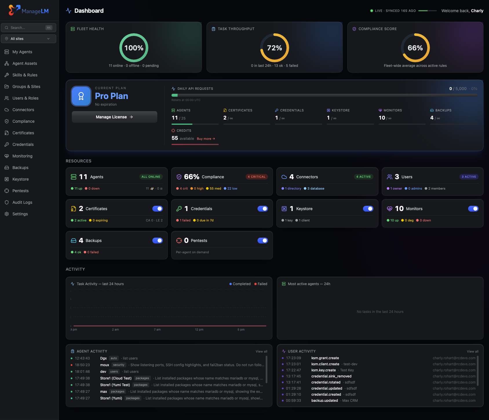 ManageLM portal dashboard showing server fleet overview